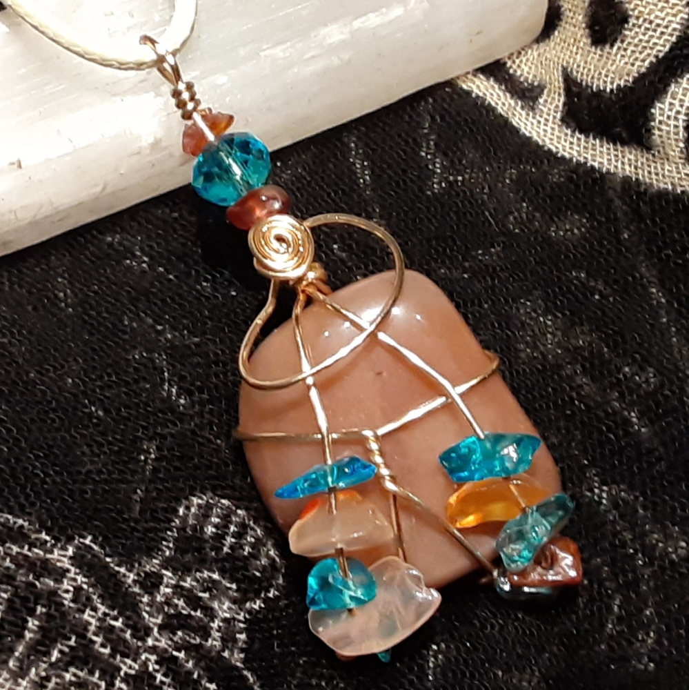 SOLD Boho Peach Moonstone Crystal Pendant Necklace